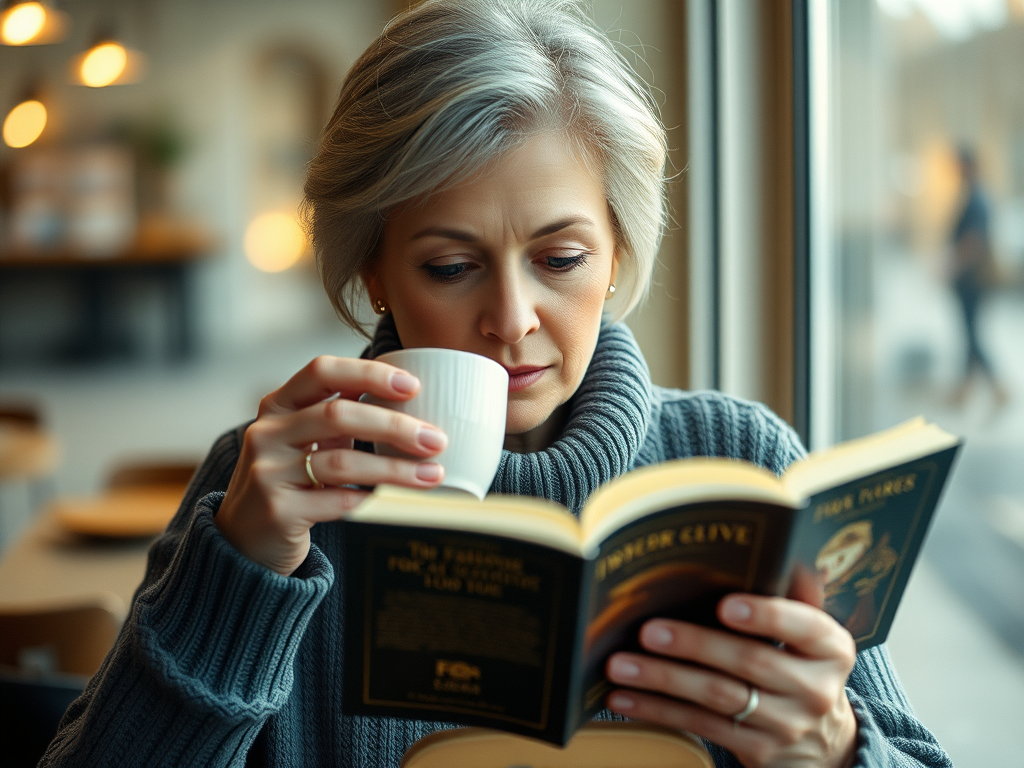 middle-aged woman drinking coffee while reading a book